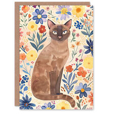 Burmese Cat Lover Colourful Boho Floral Portrait Birthday Card