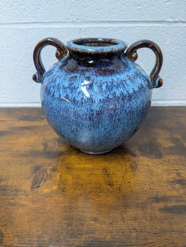 Pottery art handled vase blue - vase,