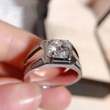 Mens Silver Ring Diamond Gemstone Cubic Zicronia Stainless Steel Bling Gift - UK