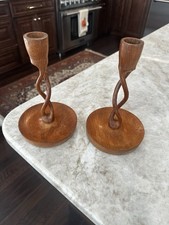 Pair of 7.75” Tall Light Wooden Open Hollow Barley Twist Wooden Candlesticks