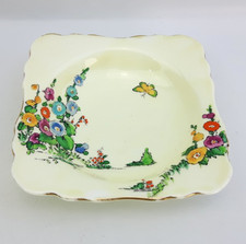 Crown Staffordshire 13.5cm Square Rimmed Bowl - Hand Painted Hollyhock Art Deco