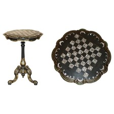ANTIQUE VICTORIAN 1860 BLACK LACQUER MOTHER OF PEARL CHESS TILT TOP GAMES TABLE