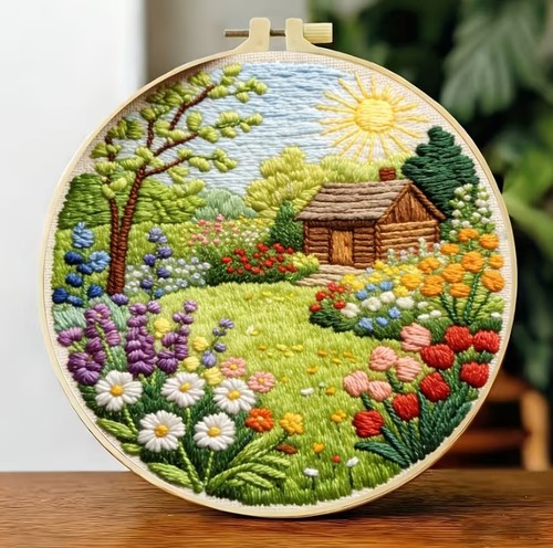 Log cabin garden embroidery - garden,