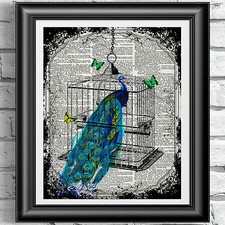 PEACOCK IN A BIRDCAGE wall decor on real ANTIQUE DICTIONARY BOOK PAGE