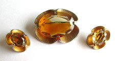 Vintage Statement Goldtone & Glass Topaz Brooch & Clip-On Earrings Vintage Set