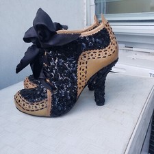 NEW Irregular Choice Sz 7 Abigail Party Tan Leather & Black Sequin Heels 