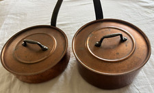 2 VINTAGE Antique COPPER SAUCEPANS w/ Lids FRENCH 1 LES CUIV & one marked "22"