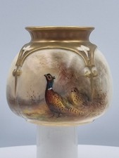Royal Worcester handpainted vase Pheasants by James Stinton signed 1919 8cm high