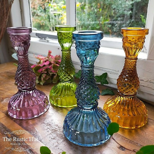 Glass candle holder 16cm - candle, blue