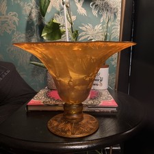 Vintage Amber Art Glass Trumpet Vase With A Mottled Egg Swirl Design