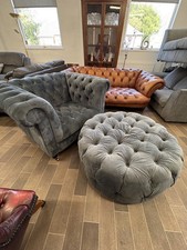 Statement Chesterfield Chair & Footstool Blue/Grey 