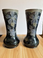 Antique 1901-22 Pair of Royal Doulton Clematis Tubeline Vases 11”. Tubelined.
