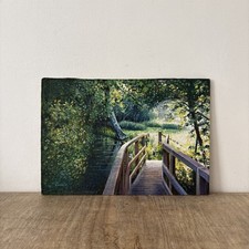 Vintage Rustic Oil on Canvas/Hardboard River Lake Bridge Landscape Painting