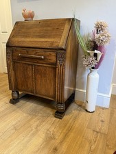 Vintage 1930s Oak Bureau – Jacobean Revival Carved Drop-Front Writing Desk