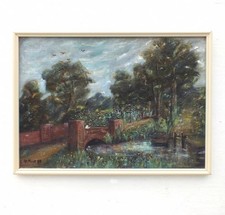 Vintage original framed oil painting river bridge landscape Country scene