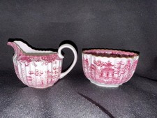 Antique 19th Century Copeland Pink willow creamer Jug and Open Sugar Bowl.