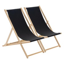 2x Folding Wooden Deck Chairs Adjustable Reclining Canvas Beach Lounger Black