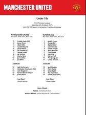 Man Utd FC U18 v Sunderland FC U18 Team Sheet (Season 2025/2026)