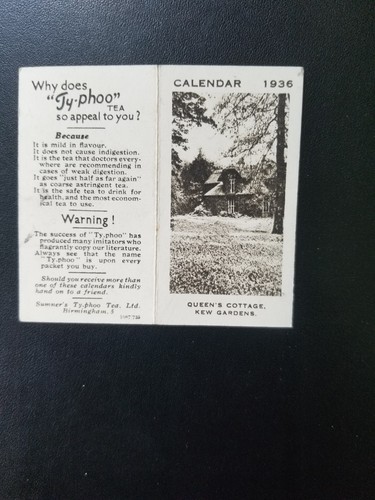 Typhoo tea card calendar 1936 - card,