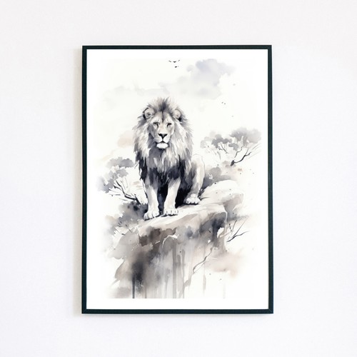 Lion landscape watercolour - landscape, ink