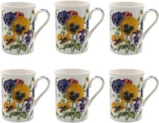 6 Pansy Flower Coffee Mugs Fine China 300ml Matching Floral Tea Cups Set Elegant