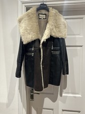 River Island Chocolate Brown Faux Leather & Fur Coat Size 12