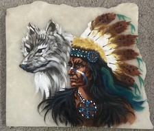 Native American Indian Chief Painting White Quartz Stone Plaque Slab Tile Unique