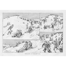 LONDON Toboggan Riding at Parliament Hill - Antique Print 1891