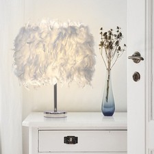 Feather Shade Table Lamp Metal Vintage Elegant Bedside Desk Night Light Decor