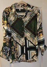 River Island Baroque Chain Print Blouse UK 10 | Green Gold Satin Shirt Top