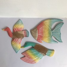 Wooden Colourful Painted Bird DUCK Wall Hanging Plaque x 2 and a FISH