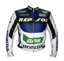 HONDA GAS REPSOL BLUE MOTORBIKE MOTORCYCLE COWHIDE LEATHER ARMOURED JACKET