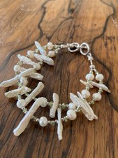 Sterling Silver And Fresh Water Pearl Bracelet With Peridot Beads.