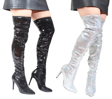 Womans Stiletto Heel Silver Black Sequin Sexy Over Knee Thigh High Boots Stretch
