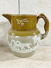 ANTIQUE BROWN STONEWARE JUG RELIEF HORSES DESIGN RUSTIC PITCHER WHIPPET HANDLE
