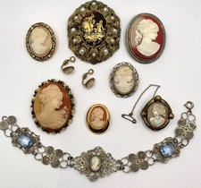 Vintage Cameo Jewellery Collection, 9x Brooches Earrings & Bracelet Mixed Lot