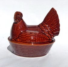 Large 1970s  Pottery Nesting Hen Chocolate Brown Ceramic Egg Holder Retro
