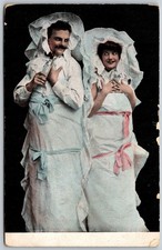 Couple in Baby Nightgowns Humorous Weird ANTIQUE Postcard 9204