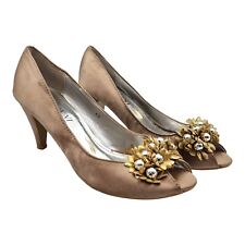 Jeckni Low Satin Kitten Heel Shoes Rose Gold Flower Detail Women's UK Size 7
