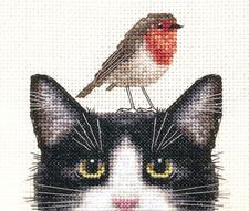 BLACK WHITE TUXEDO CAT, KITTEN & ROBIN Counted cross stitch kit Christmas *FIDO