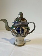 Handcrafted Moroccan Ceramic Teapot with Metal and Gemstone Inlay