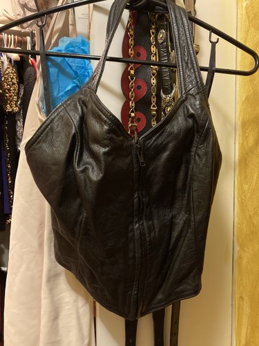 Black leather halter zip - leather,