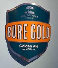 WOODFORDE'S brewery BURE GOLD cask ale beer pump clip badge front Norfolk