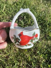 Vintage Lefton China Red Cardinal Christmas Holly Trinket Basket Ornament 4in