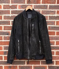 All Saints Mens KEMBLE Suede Bomber Jacket LARGE Grey Allsaints Biker Leather