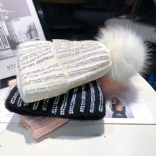 Lady Knitted Beanie Hat Diamond Faux Fur Pom Pom Bobble Hat Winter Warm Fashion