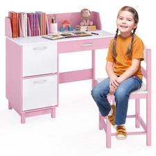 COSTWAY Kids Study Desk and Chair Set Wooden School Learning Table-Pink