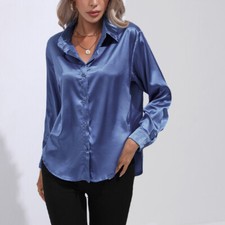 Womens Satin Silk Solid Shirt Ladies Casual Baggy Button-up OL Work Blouse Tops