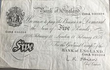 White Fiver £5 Banknote  LK O'Brien Prefix C39A March 1956 B276 nEF Last issue