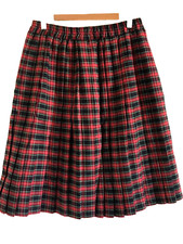 Vintage Red Check  Pleated Knee Length  Plaid Skirt SIZE S UK 10